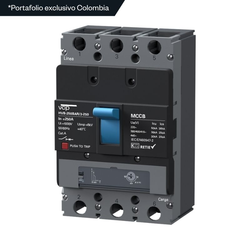 Interruptores caja moldeada, 107X165X100,5mm, 220/440V, 200-250A, 50kA