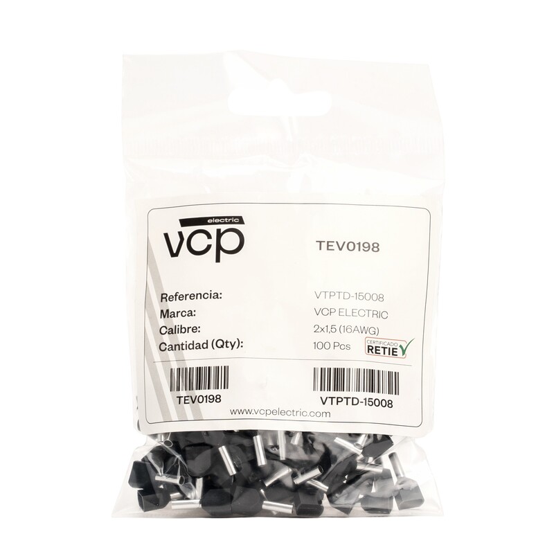 Terminales tipo puntera 2 x 16 AWG, color negro