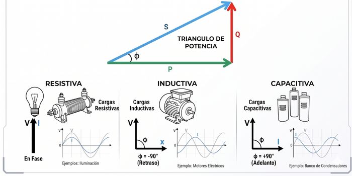 Gráfico del triángulo de potencia (P, Q, S) e ilustración fasorial de los desfases de corriente en cargas resistivas, capacitivas e inductivas