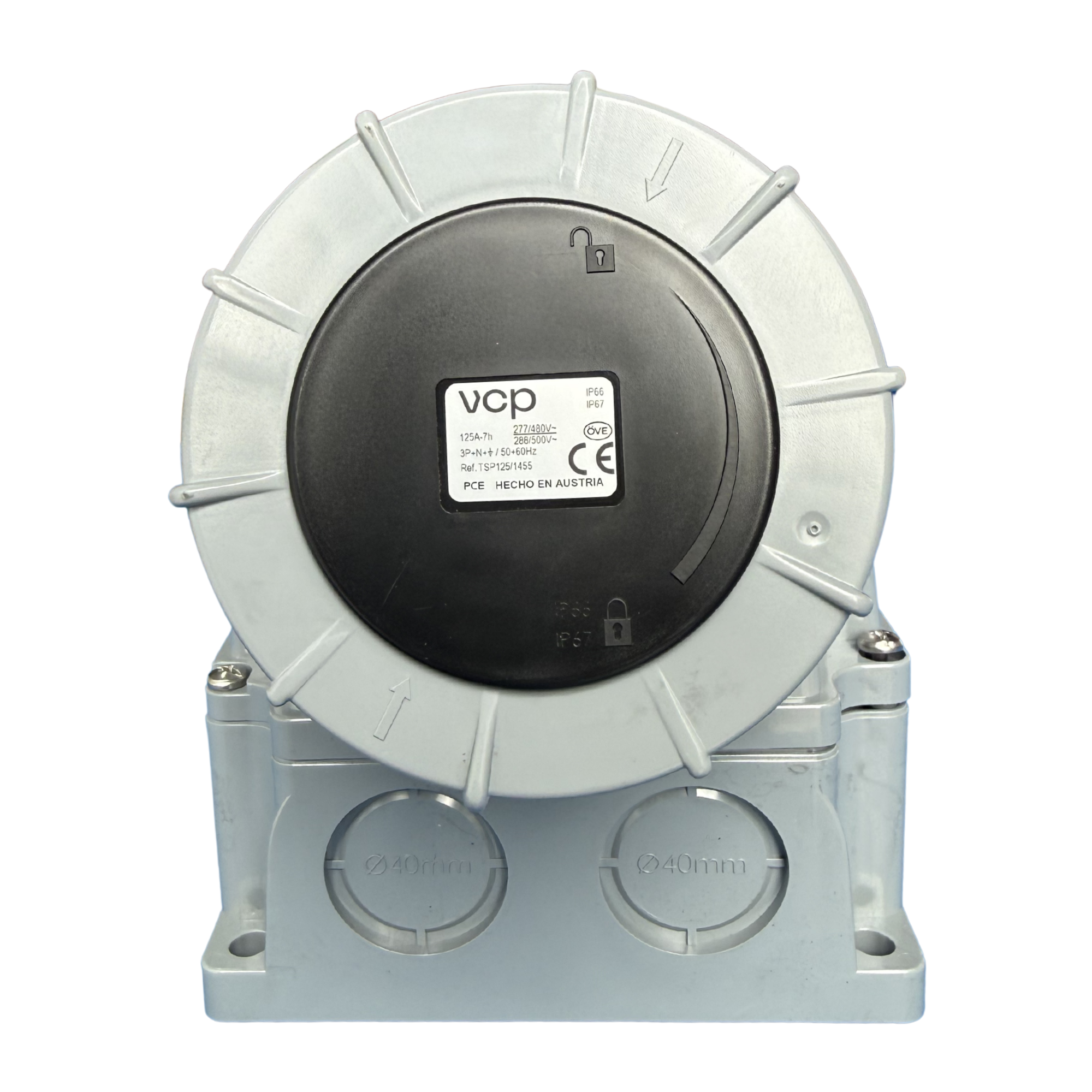 TOMA DE SOBREPONER INDUSTRIAL, 500V, IP67, 125A, 3P+N+T, color negro.