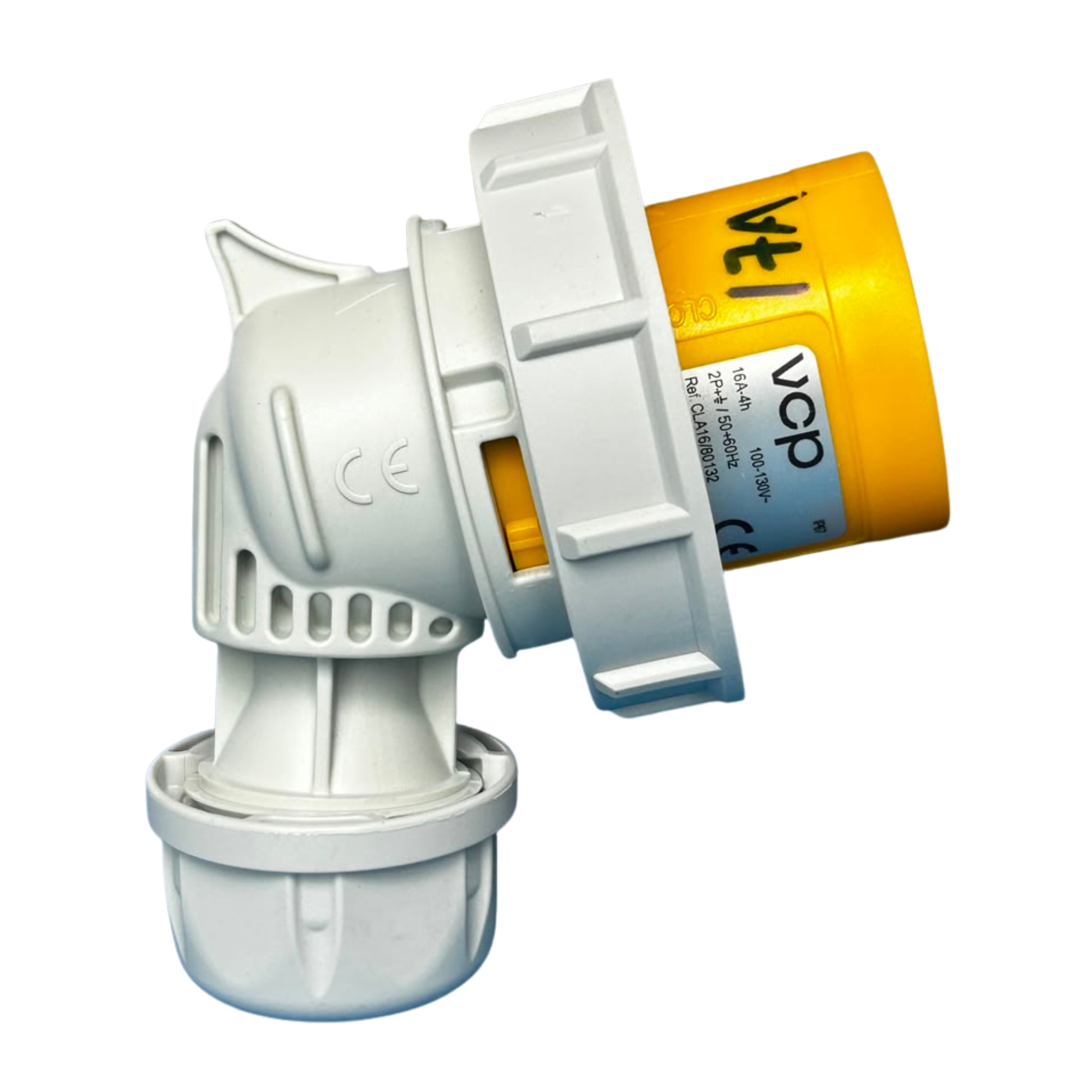 CLAVIJA INDUSTRIAL, 110V, IP67, 16A, 2P+T, POSICIÓN HORARIA 4H, 45°, color amarillo.