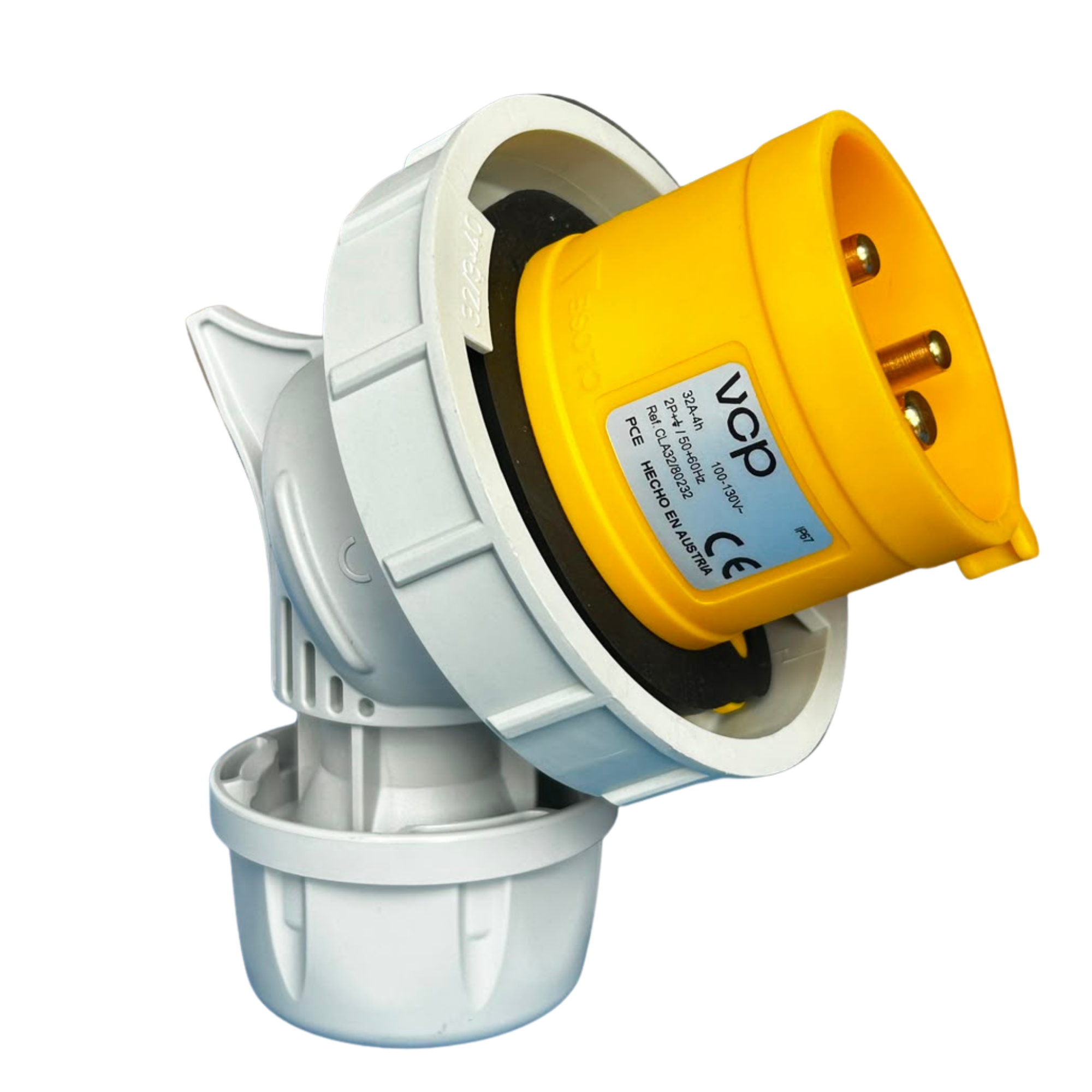 CLAVIJA INDUSTRIAL, 110V, IP67, 32A, 2P+T, POSICIÓN HORARIA 4H, 45°, color amarillo.