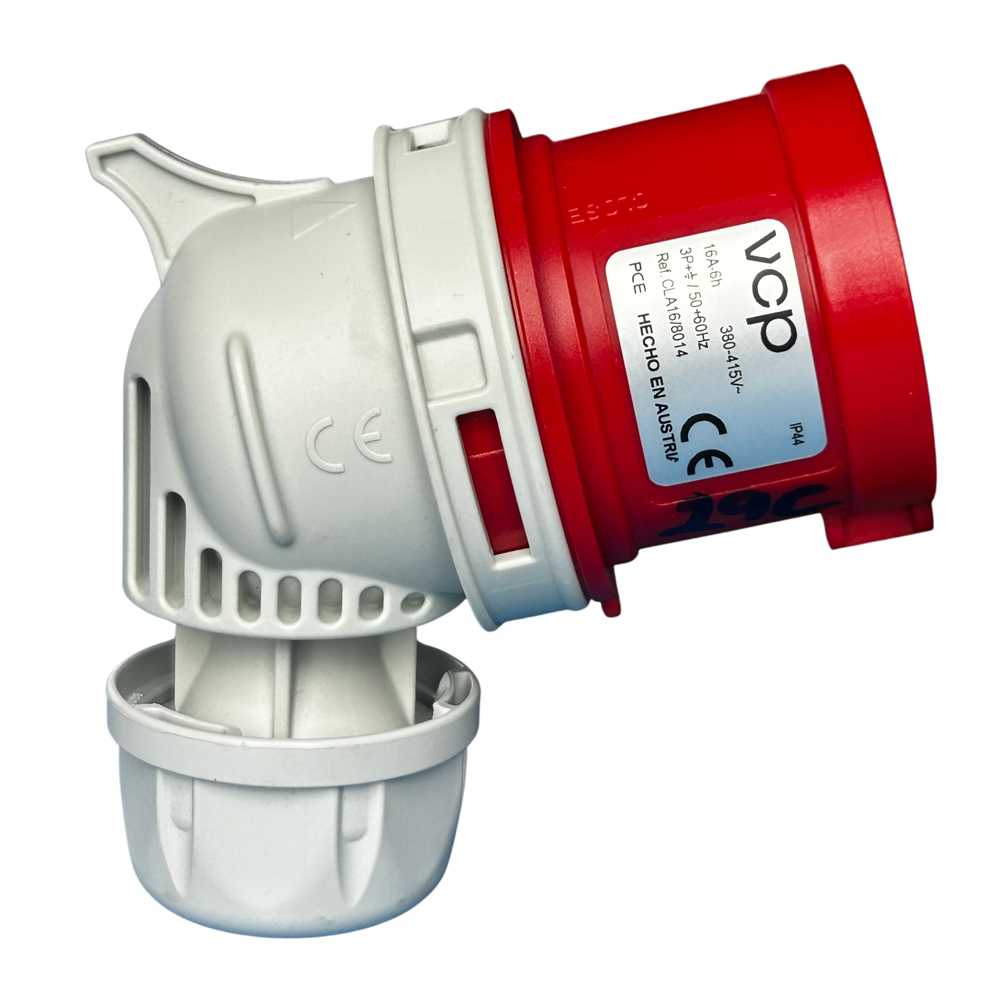 CLAVIJA INDUSTRIAL, 440V, IP44, 16A, 3P+T, POSICIÓN HORARIA 6H, 45°, color rojo.