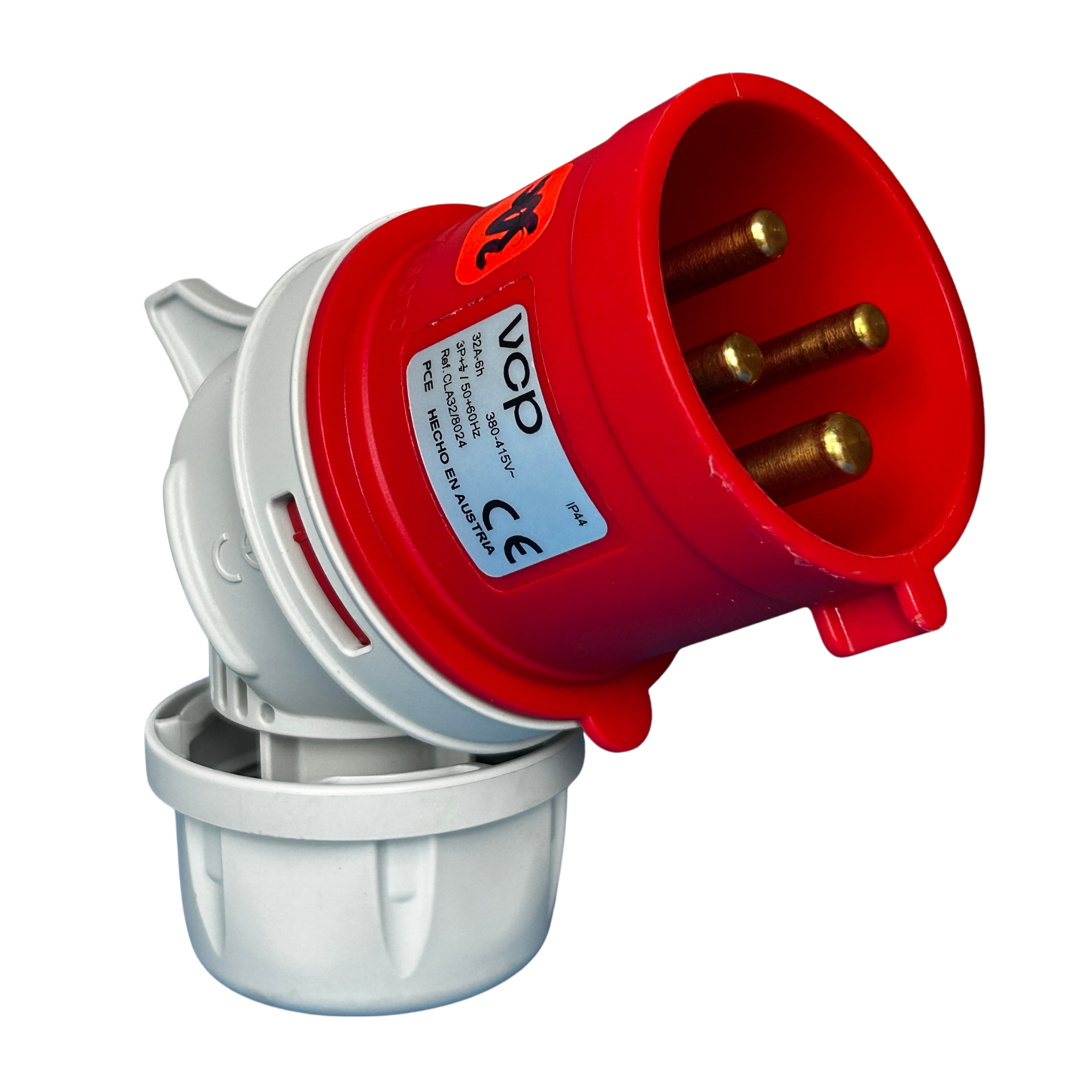 CLAVIJA INDUSTRIAL, 440V, IP44, 32A, 3P+T, POSICIÓN HORARIA 6H, 45°, color rojo.