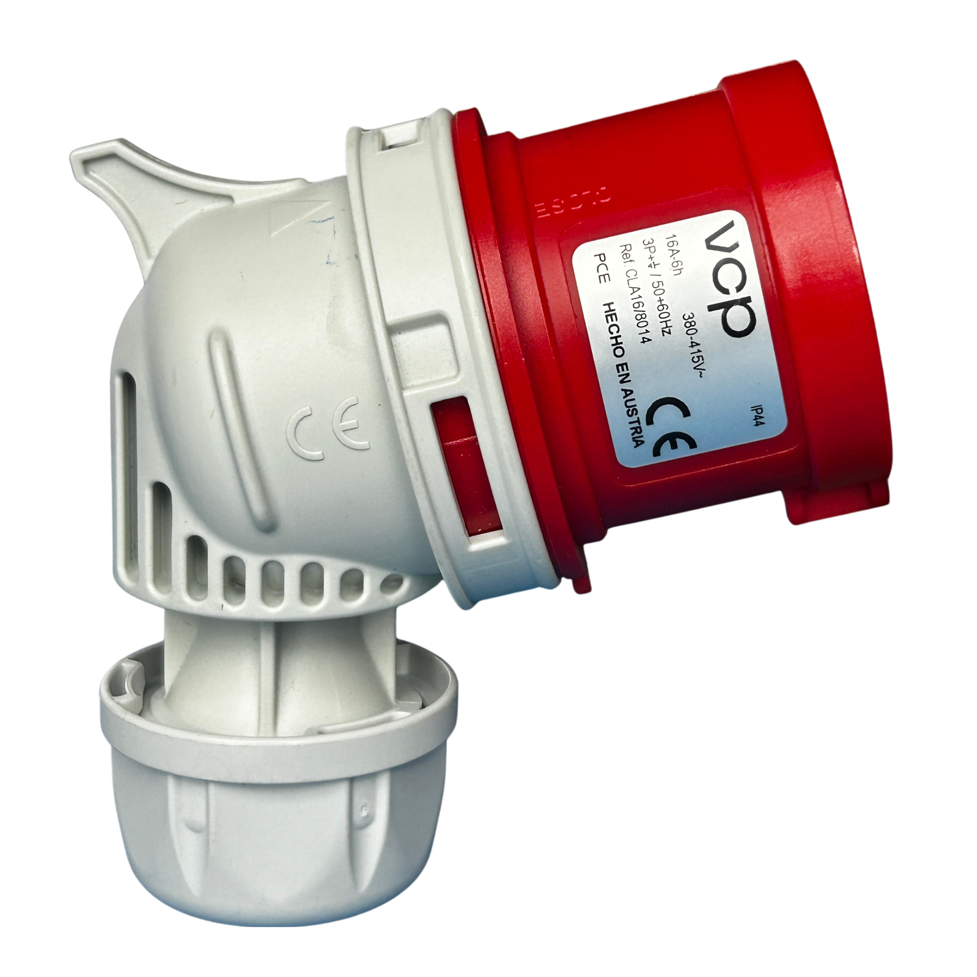 CLAVIJA INDUSTRIAL, 440V, IP67, 16A, 3P+T, POSICIÓN HORARIA 6H, 45°, color rojo.
