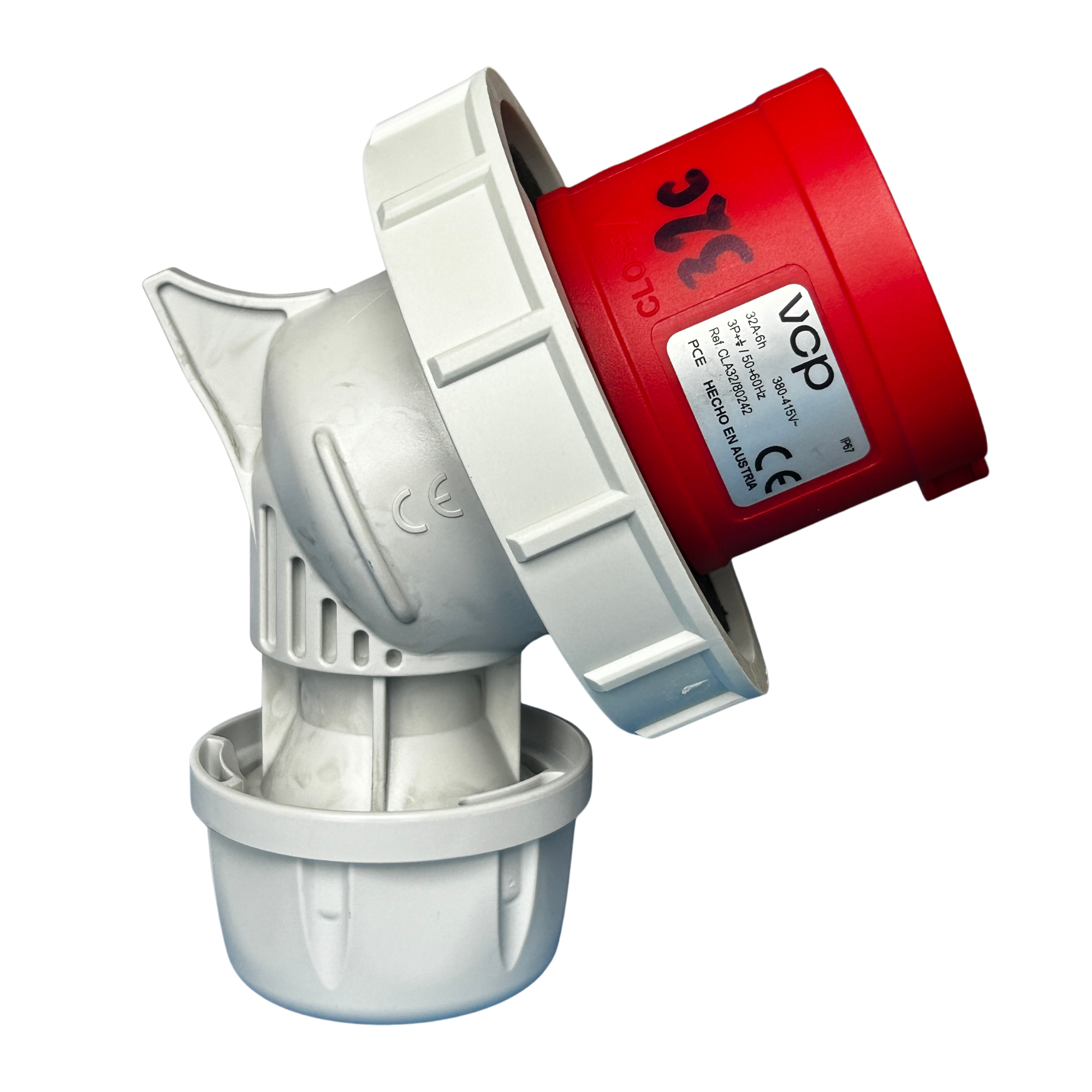 CLAVIJA INDUSTRIAL, 440V, IP67, 32A, 3P+T, POSICIÓN HORARIA 6H, 45°, color rojo.