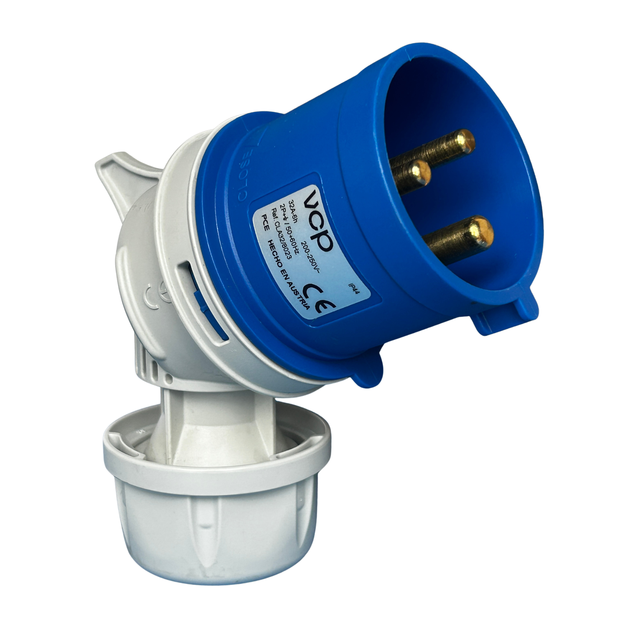 CLAVIJA INDUSTRIAL, 220V, IP44, 32A, 2P+T, POSICIÓN HORARIA 6H, 45°, color azul.