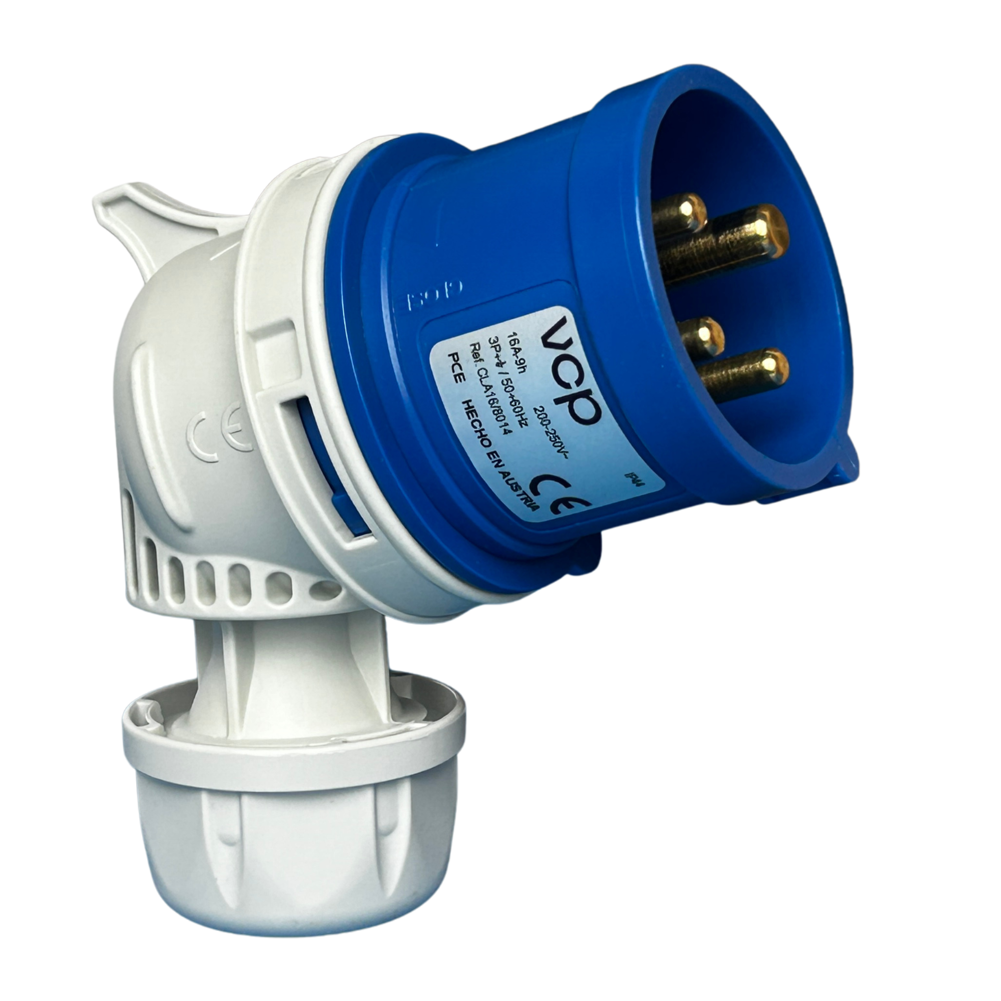 CLAVIJA INDUSTRIAL, 220V, IP44, 16A, 3P+T, POSICIÓN HORARIA 9H, 45°, color azul.