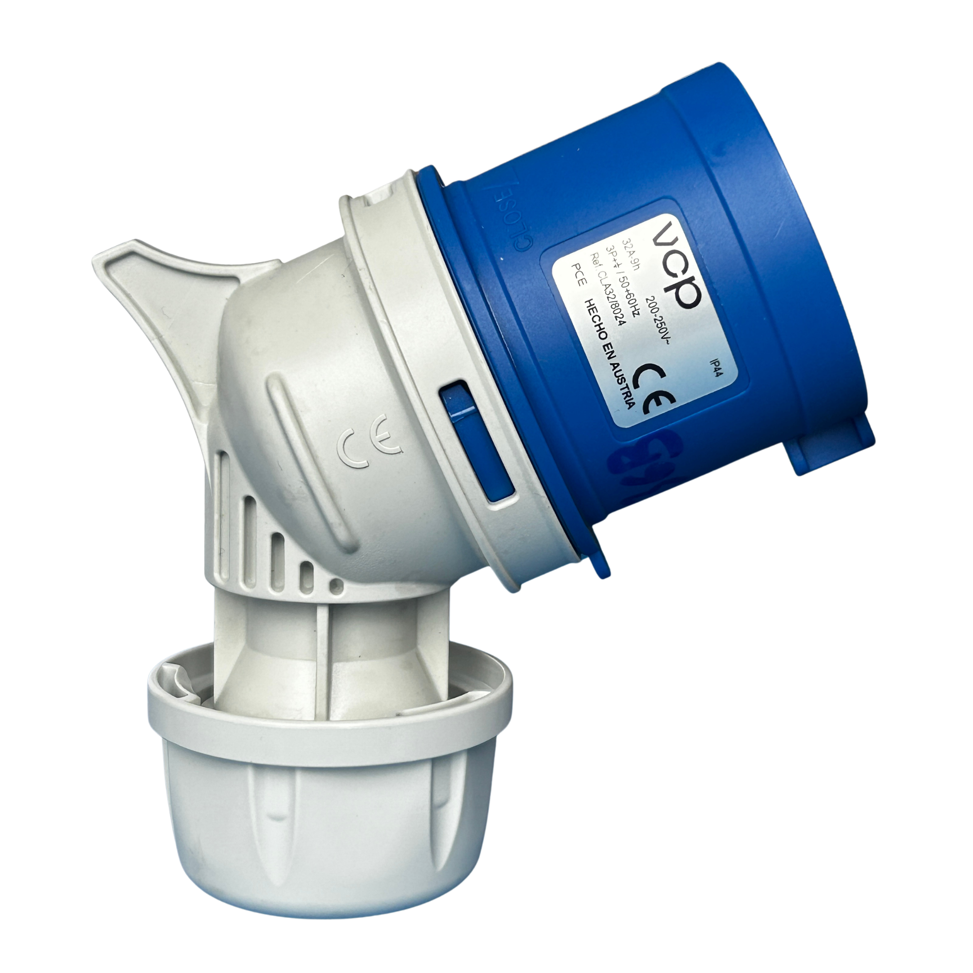 CLAVIJA INDUSTRIAL, 220V, IP44, 32A, 3P+T, POSICIÓN HORARIA 9H, 45°, color azul.