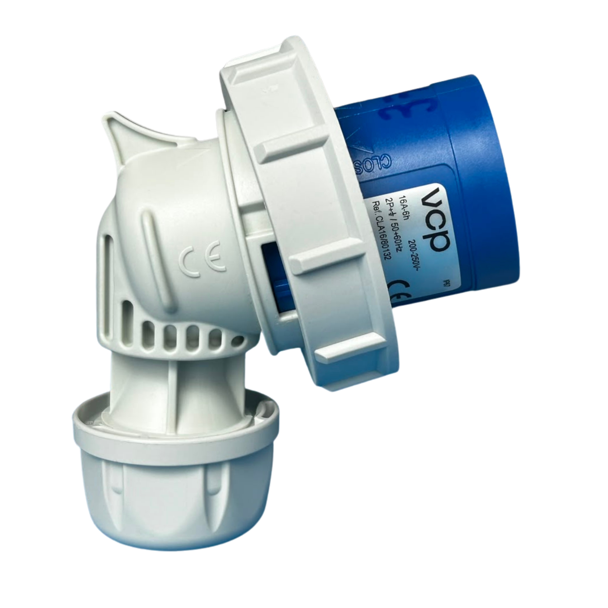 CLAVIJA INDUSTRIAL, 220V, IP67, 16A, 2P+T, POSICIÓN HORARIA 6H, 45°, color azul.