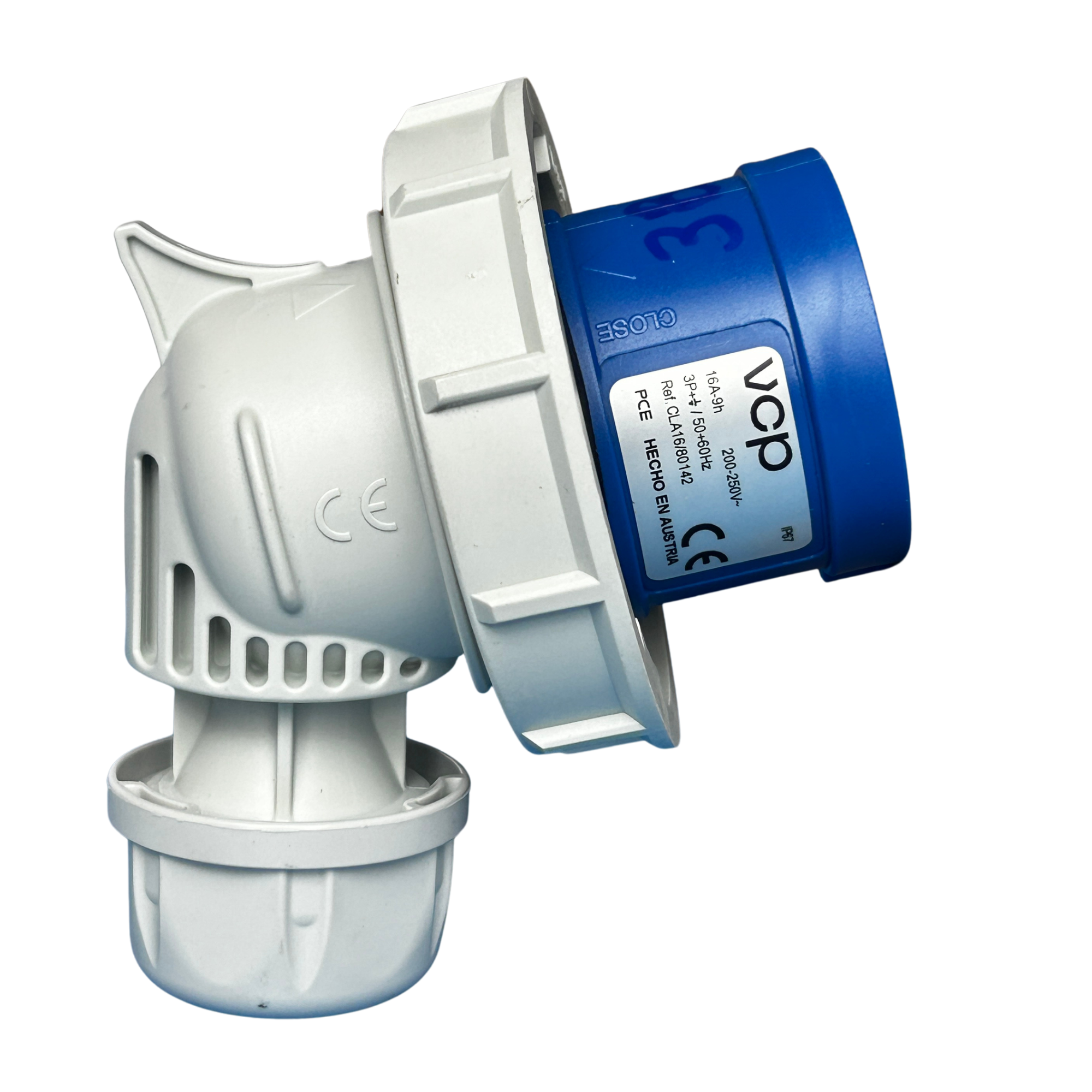 CLAVIJA INDUSTRIAL, 220V, IP67, 32A, 3P+T, POSICIÓN HORARIA 9H, 45°, color azul.