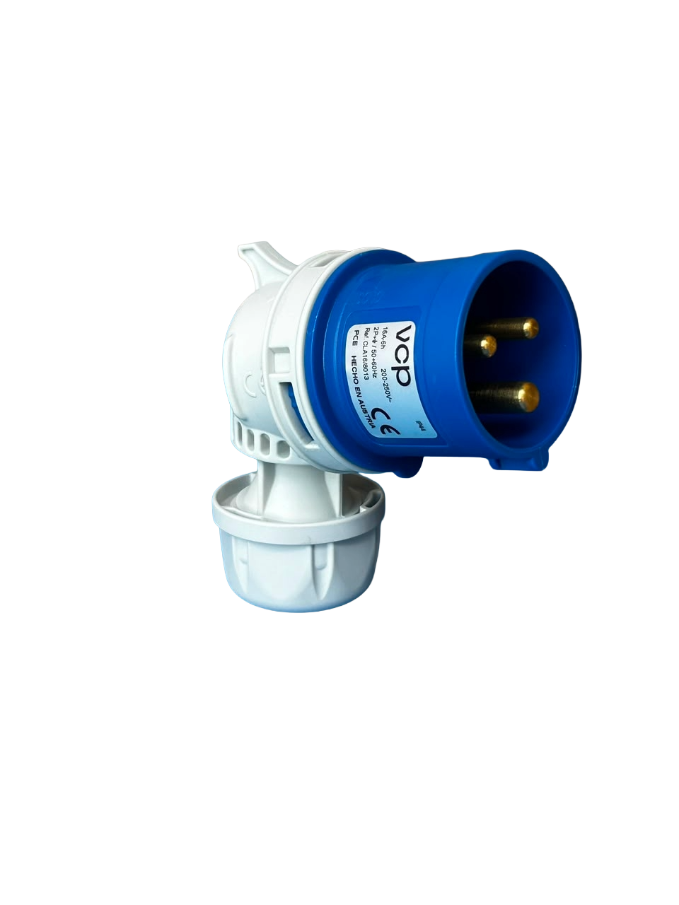 CLAVIJA INDUSTRIAL, 220V, IP44, 16A, 2P+T, POSICIÓN HORARIA 6H, 45°, color azul.