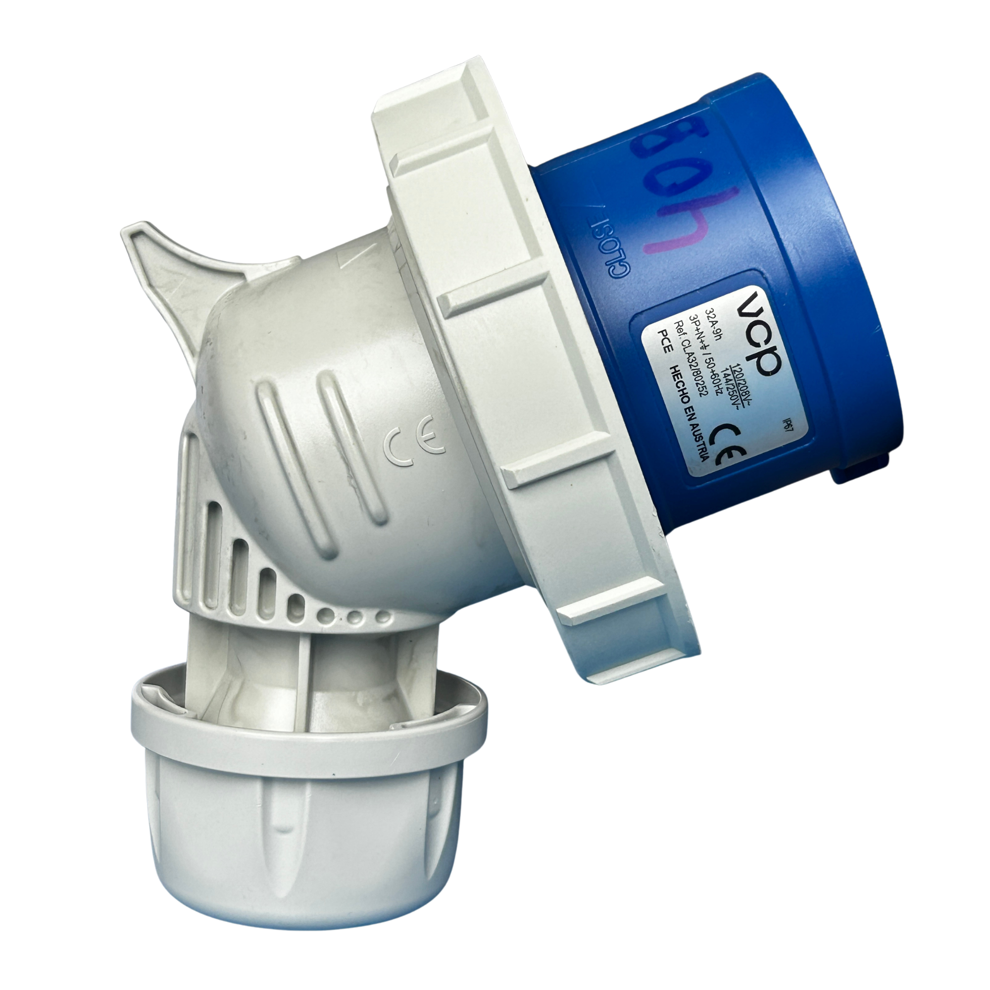 CLAVIJA INDUSTRIAL, 220V, IP67, 32A, 3P+N+T, POSICIÓN HORARIA 9H, 45°, color azul.