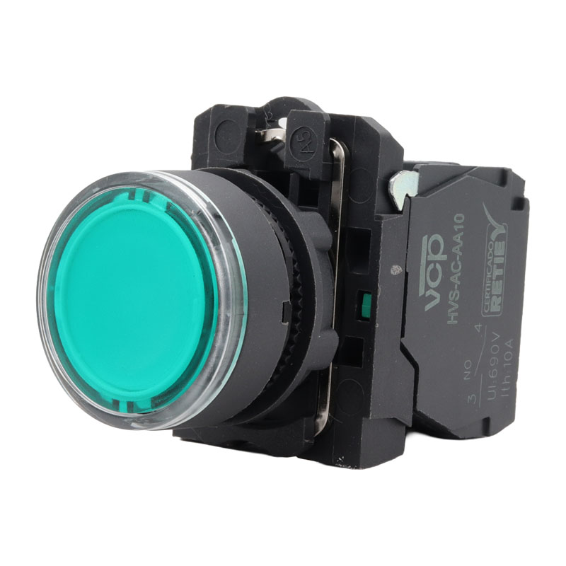 Pulsador sencillo luminoso verde 22 mm con 1NA, 110 VAC