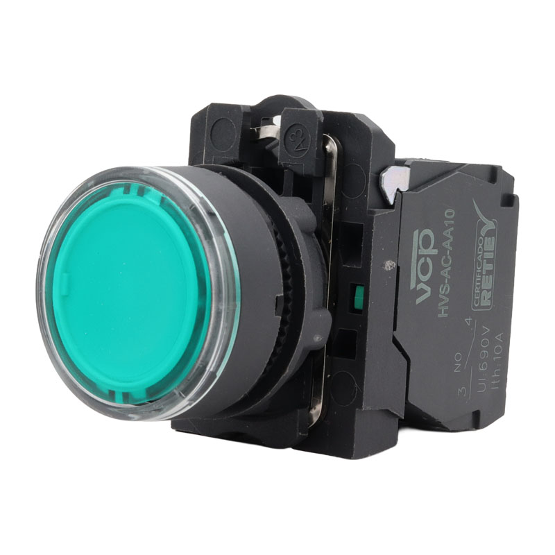 Pulsador sencillo luminoso verde 22 mm con 1NA, 220 VAC