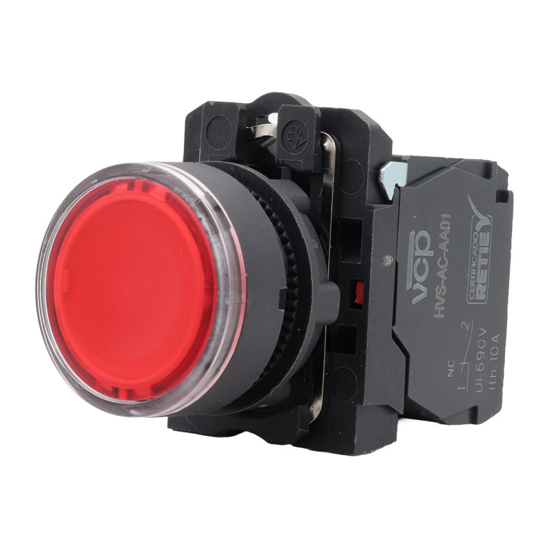 Pulsador sencillo luminoso rojo 22 mm con 1NC, 220 VAC