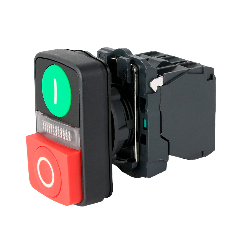 Pulsador doble verde-rojo luminoso 22 mm con 1NA+1NC, 220 VAC
